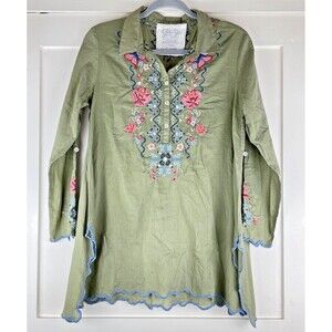 Kyla Seo Nan Embroidered Tunic Blouse Women's S Green Pink Floral Top Lagenlook